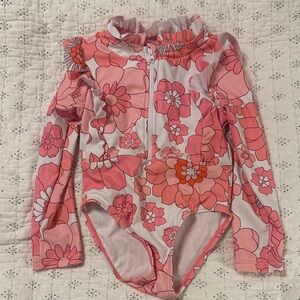 Kids Pink Floral Long-Sleeve One-Piece Swimsuit